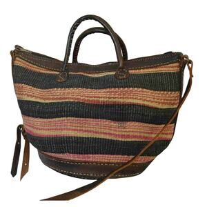 Vintage Woven Striped Leather Handle Bag Medium Size